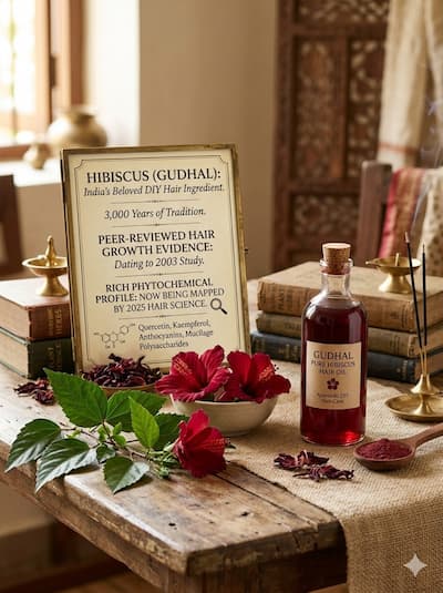Vibrant red Hibiscus rosa-sinensis (Gudhal) flowers and leaves alongside a glass bottle of hibiscus-infused hair oil — India's most beloved DIY hair ingredient, with peer-reviewed hair growth evidence dating to 2003 and a rich phytochemical profile of quercetin, kaempferol, anthocyanins, and mucilage polysaccharides now being mapped by 2025 hair science.