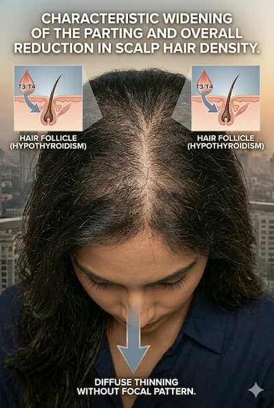 Woman with hypothyroidism-related diffuse hair thinning — showing the characteristic widening of the parting and overall reduction in scalp hair density, without a distinct focal pattern.