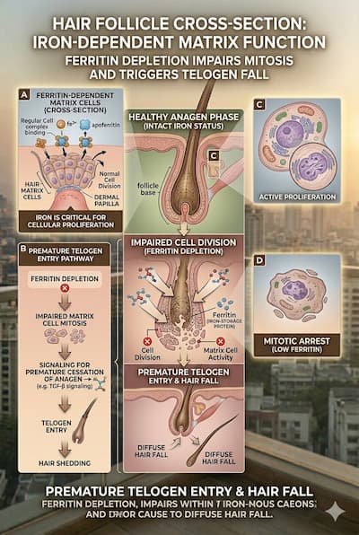 Illustration of hair follicle cross-section showing the iron-dependent hair matrix cells at the follicle base — where ferritin depletion impairs cell division and triggers premature telogen entry, causing diffuse hair fall.