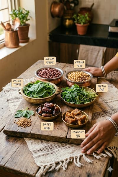 Indian iron-rich foods for hair growth — rajma, chana, palak, methi, dates, and jaggery — arranged on a wooden board representing dietary iron sources for correcting the most common nutritional cause of hair fall in Indian women.