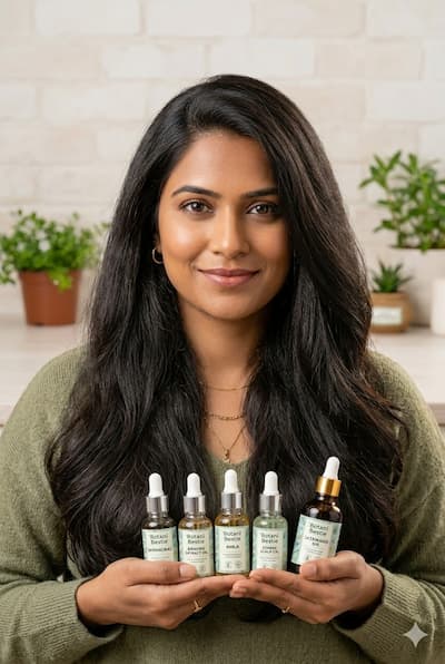 A woman with thick, dark, lustrous hair with no visible grey strands — representing the long-term results of a consistent Ayurvedic hair care routine incorporating Jatamansi alongside Bhringraj, Brahmi, Amla, and Methi.