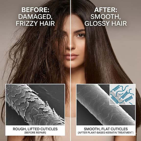 Split visual comparison — on the left, rough, frizzy, damaged hair with visible lifted cuticle scales under microscopy; on the right, smooth, glossy, healthy hair with flat cuticle scales after plant-based keratin treatment — representing the difference in hair structure before and after keratin protein repair.