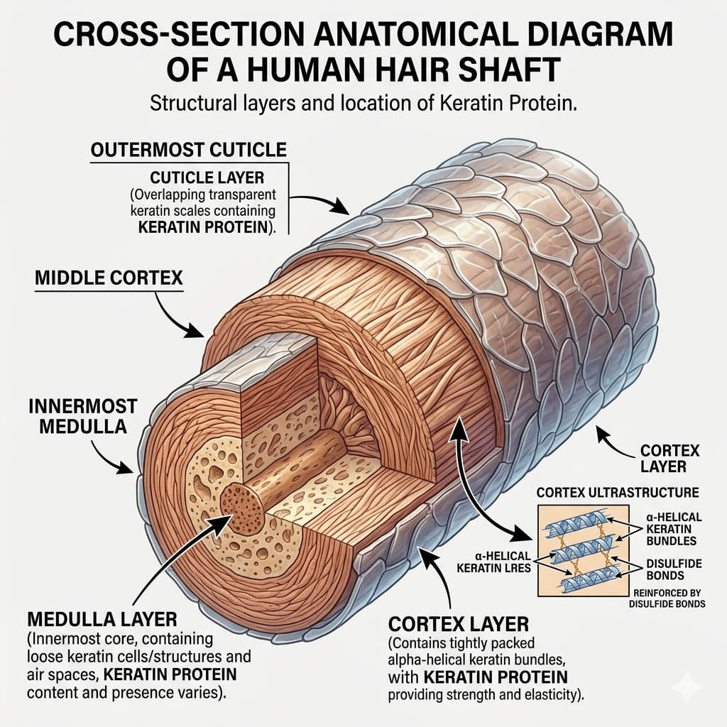 Cross-section anatomical diagram of a hair shaft showing the three structural layers — the outermost cuticle (overlapping transparent keratin scales), the cortex (tightly packed alpha-helical keratin bundles reinforced by disulfide bonds), and the medulla (innermost core) — with callouts identifying where keratin protein is found at each layer.