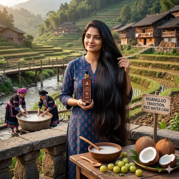 A woman with long, glossy, healthy hair against a natural background — representing the results of consistent rice water hair care as practised by the Yao women of Huangluo, China.