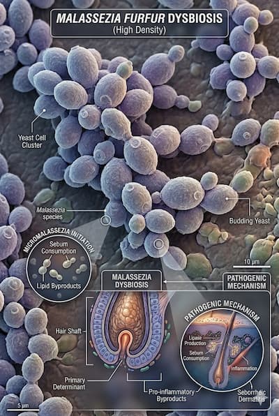 Scanning electron microscopy image of Malassezia furfur yeast cells — the dominant fungal organism in the scalp microbiome, which at normal colonisation density is a harmless commensal but at dysbiosis levels becomes the primary driver of dandruff, seborrheic dermatitis, and scalp inflammation-linked hair fall.