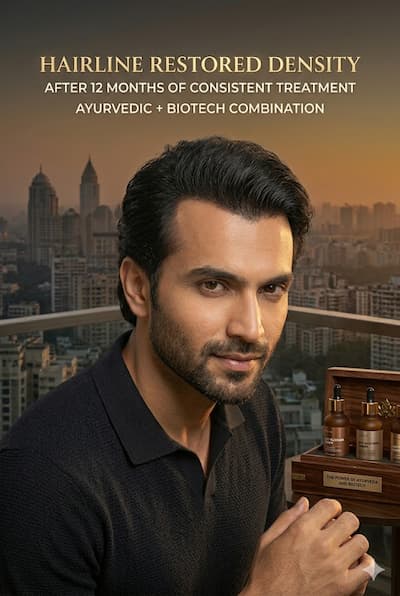 Indian man with restored hairline density after 12 months of DHT-blocking and biotech serum treatment