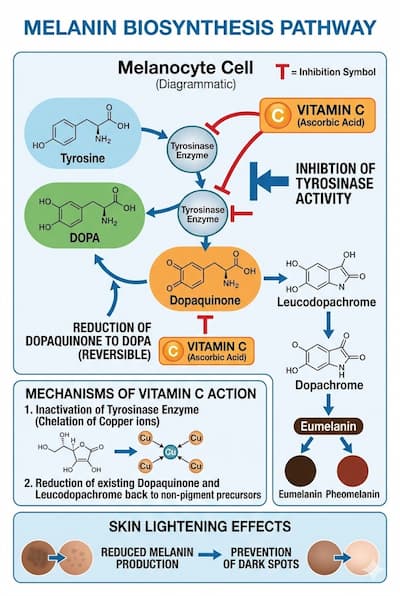 Diagram of the melanin biosynthesis pathway showing tyrosinase enzyme converting tyrosine to DOPA and dopaquinone — with Vitamin C (ascorbic acid) inhibiting tyrosinase activity and reducing dopaquinone back to DOPA to lighten existing pigment.