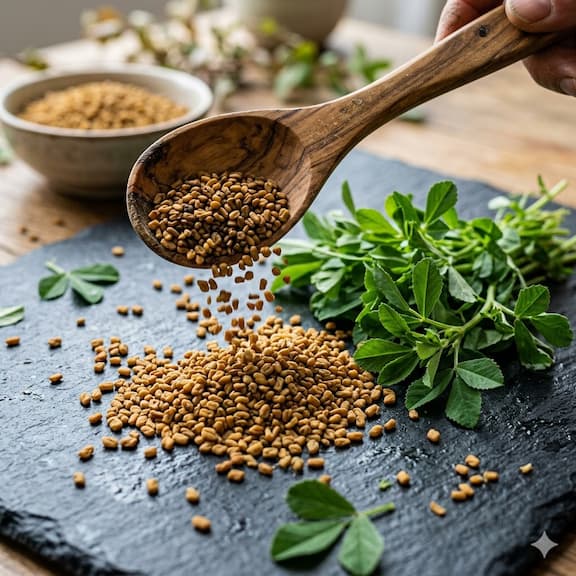 Golden-brown methi (fenugreek) seeds spilling from a wooden spoon onto a dark surface, with fresh fenugreek leaves alongside — representing the Ayurvedic herb used in Botani Bestie's Total Rebalance Shampoo for hair fall control and scalp health.