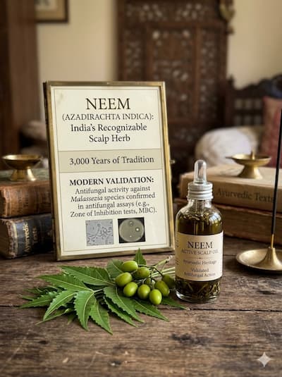 Fresh neem (Azadirachta indica) leaves and neem seeds alongside a bottle of neem-infused hair oil — India's most recognisable scalp herb, with antifungal activity against Malassezia species now validated in modern antifungal assays, confirming 3,000 years of Ayurvedic practice.