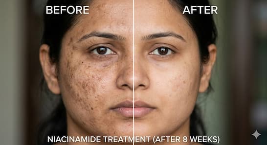 Close-up of a woman's face with visible dark spots and hyperpigmentation on one side and visibly clearer, more even-toned skin on the other — representing before and after niacinamide treatment results.