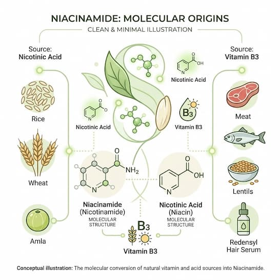 A clean, minimal illustration of niacinamide's molecular structure alongside visual representations of its source — nicotinic acid and Vitamin B3 — on a white background with green botanical accents.