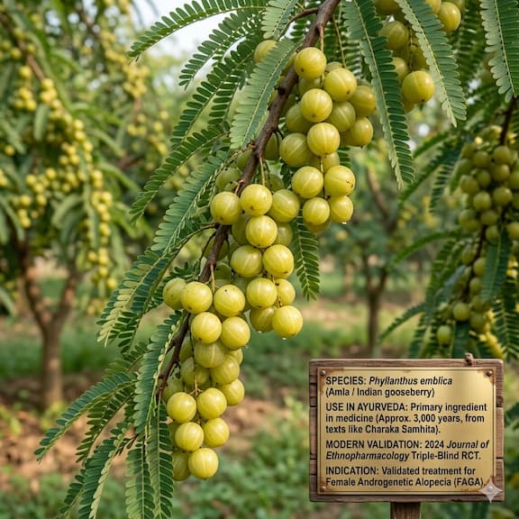 Phyllanthus emblica (Amla / Indian gooseberry) tree branch with clusters of small pale green-yellow fruits — the same species used in Ayurvedic medicine for 3,000 years and now validated by a 2024 Journal of Ethnopharmacology triple-blind RCT for female androgenetic alopecia treatment.