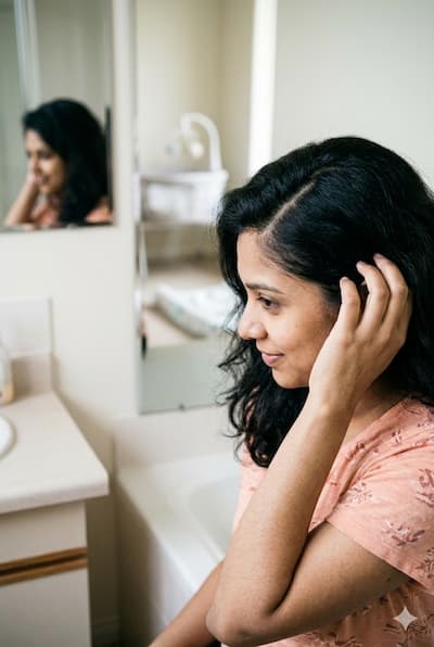 A new mother with visibly healthier, fuller hair at 9 months postpartum — showing the regrowth baby hairs at the hairline and parting that represent recovery from postpartum telogen effluvium.