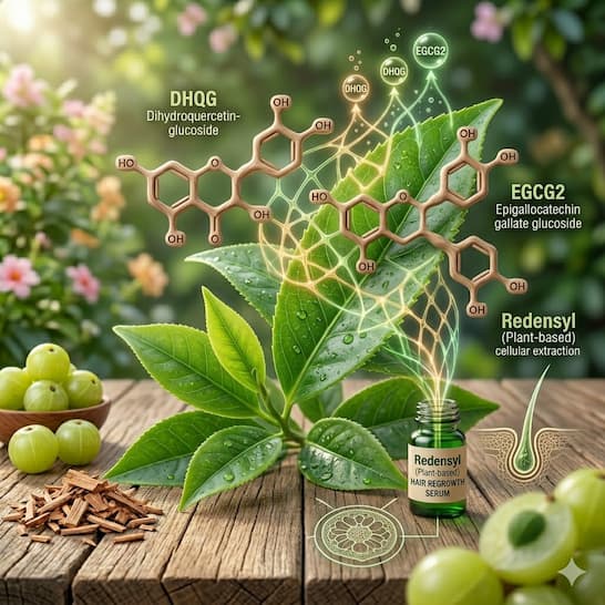 Close-up visual of green tea leaves and plant extracts representing the natural molecular origins of Redensyl — DHQG and EGCG2 plant compounds used in hair serums.