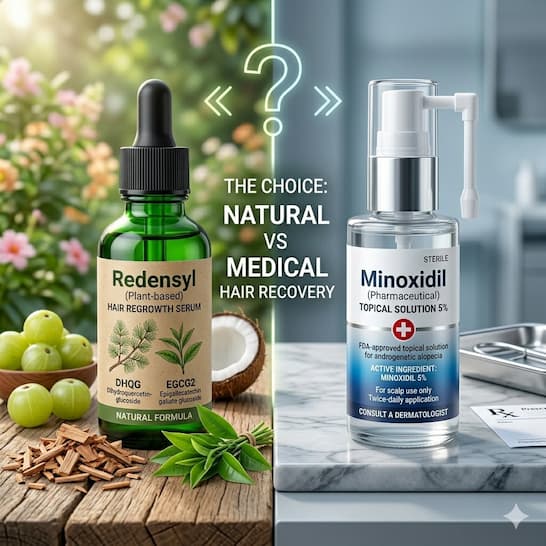 Two hair serums side by side — one labelled Redensyl (plant-based) and one labelled Minoxidil (pharmaceutical) — representing the choice between natural and medical hair regrowth treatments.