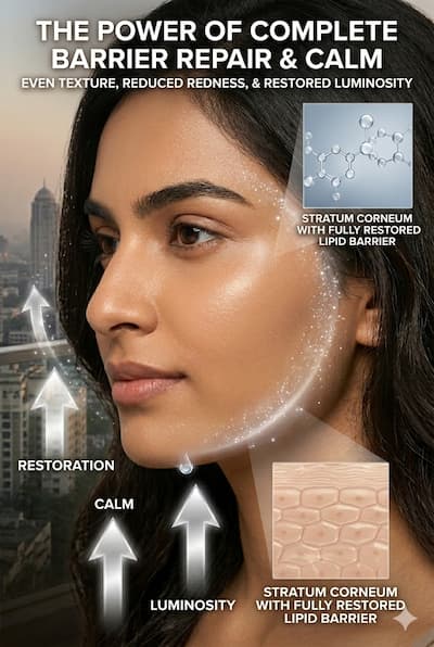 Calm, hydrated, healthy Indian skin after skin barrier repair — showing the even texture, reduced redness, and restored luminosity that characterise a functional stratum corneum.