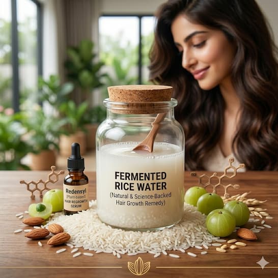 A glass jar of milky fermented rice water surrounded by raw white rice grains on a wooden surface — representing a traditional yet scientifically supported hair growth remedy.