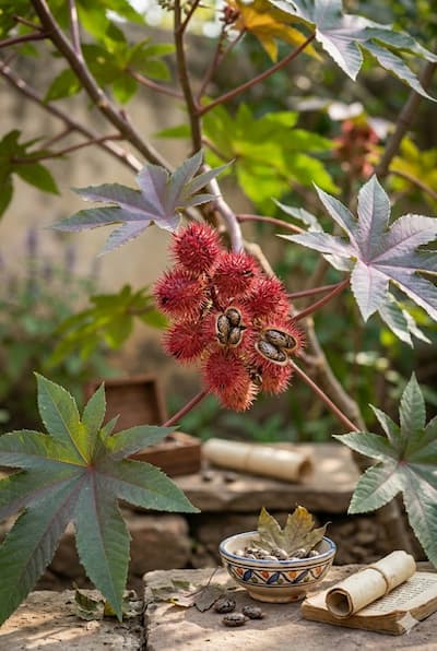 Ricinus communis (castor plant) with distinctive palmate leaves and spiny red seed pods containing castor beans — the source of ricinoleic acid, used in traditional Ayurvedic and Unani medicine for centuries for hair and scalp health.