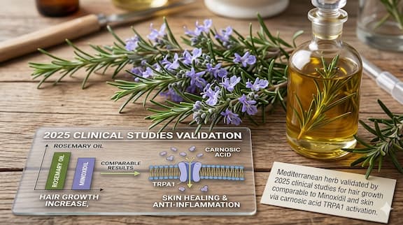 Fresh rosemary (Rosmarinus officinalis) branches with narrow grey-green leaves and small purple-blue flowers arranged on a wooden surface alongside a glass bottle of golden rosemary-infused oil — representing the Mediterranean herb validated by 2025 clinical studies for hair growth comparable to Minoxidil and skin healing via carnosic acid TRPA1 activation.