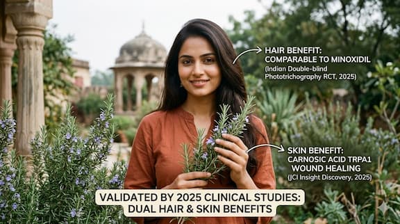 An Indian woman with healthy, lustrous hair and clear, even-toned skin holding fresh rosemary branches — representing the dual hair and skin benefits of consistent rosemary use validated by 2025 clinical studies including the JCI Insight TRPA1 wound healing discovery and the Indian double-blind phototrichography RCT.