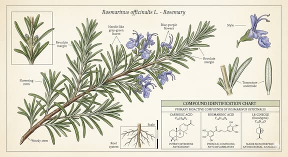 Detailed botanical illustration of Rosmarinus officinalis showing the needle-like grey-green leaves and small blue-purple flowers characteristic of the Mediterranean herb — alongside a compound identification chart showing carnosic acid, rosmarinic acid, and 1,8-cineol as the primary bioactives.