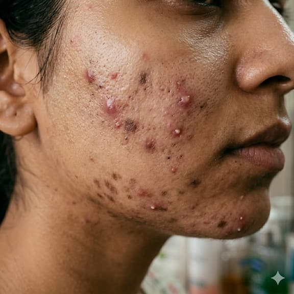 Close-up of a young Indian woman's face with visible acne — blackheads, papules, and PIH dark marks on the cheeks and chin — representing the common multi-type acne presentation in Indian skin that salicylic acid is clinically proven to address.