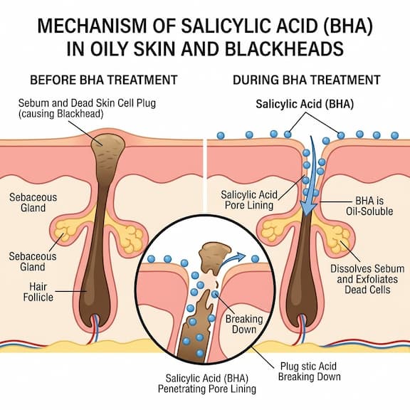 A cross-section diagram of a skin pore showing salicylic acid (BHA) penetrating deep into the pore lining to dissolve the sebum and dead skin cell plug that causes blackheads and acne in oily skin.