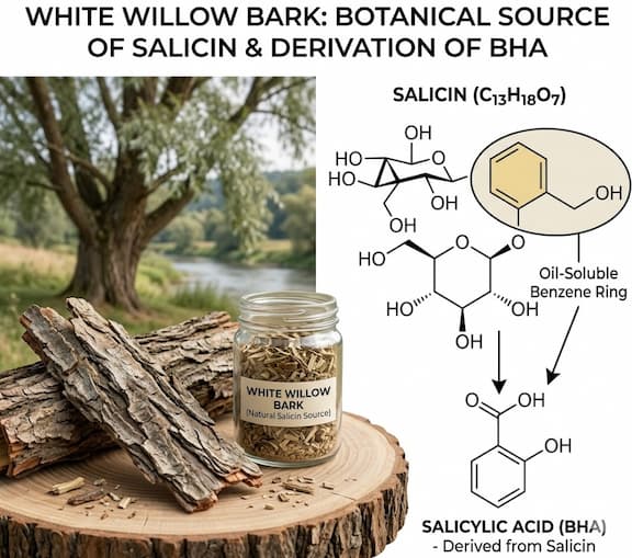 White willow tree bark — the natural botanical source of salicin, from which salicylic acid (BHA) is derived — alongside a molecular structure diagram showing its oil-soluble benzene ring.
