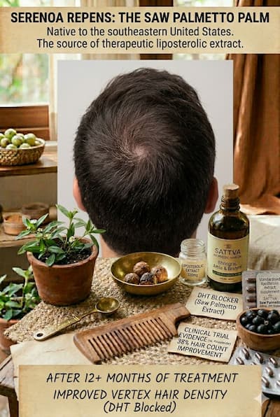 Improved hair density at the vertex (crown) — the area most responsive to DHT-blocking treatment with saw palmetto — showing the results of consistent 320mg/day liposterolic extract use alongside multi-mechanism Ayurvedic scalp treatment over 12+ months.