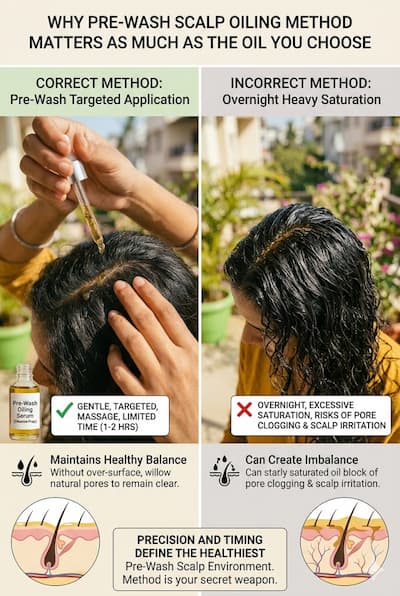 Visual showing the difference between correct pre-wash scalp oiling technique (targeted fingertip application in sections) and incorrect overnight heavy oil saturation — illustrating why method matters as much as which oil you choose.