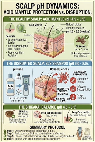Diagram showing scalp pH levels — the acid mantle at pH 4.5-5.5 and how SLS shampoos raise pH to 6-8, disrupting the protective barrier and enabling Malassezia overgrowth, compared to Shikakai's natural pH of 4.5-5.5 which preserves scalp health.