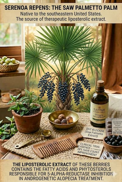 Serenoa repens — the saw palmetto palm — with its characteristic fan-shaped leaves and dark blue-black berry clusters, native to the southeastern United States. The liposterolic extract of these berries contains the fatty acids and phytosterols responsible for 5-alpha-reductase inhibition in androgenetic alopecia treatment.