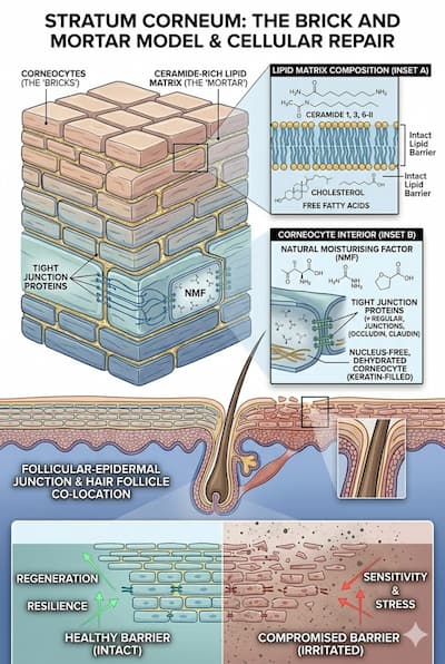 Diagram of skin barrier stratum corneum structure — showing corneocytes (bricks) surrounded by ceramide-rich lipid matrix (mortar), with tight junction proteins and natural moisturising factor inside the corneocytes.