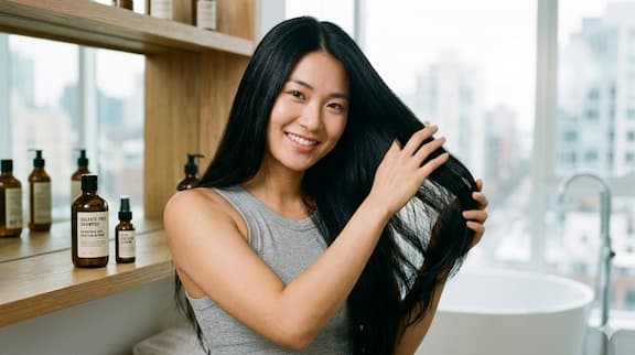 A woman with smooth, strong, frizz-free, glossy black hair running her fingers through it confidently — representing the cumulative results of consistent plant-based keratin, soy protein, and silk protein use in a sulfate-free shampoo over 8–12 weeks.