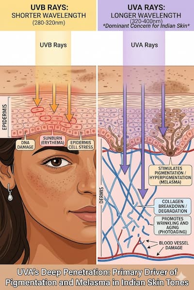 Diagram showing UVB rays reaching the epidermis causing sunburn, and UVA rays penetrating into the dermis causing pigmentation and collagen breakdown — the dominant UV concern for Indian skin.