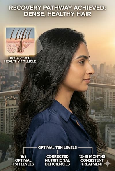 Dense, healthy Indian hair after thyroid treatment and recovery — representing 12–18 months of consistent treatment, optimal TSH levels, and corrected co-existing nutritional deficiencies.