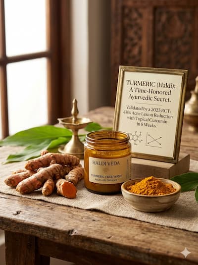 Fresh turmeric root (Curcuma longa) alongside ground turmeric powder and a glass jar of golden turmeric-infused face wash — representing one of India's most searched Ayurvedic skincare ingredients, now validated by a 2023 RCT showing 48% acne lesion reduction with topical curcumin in 8 weeks.