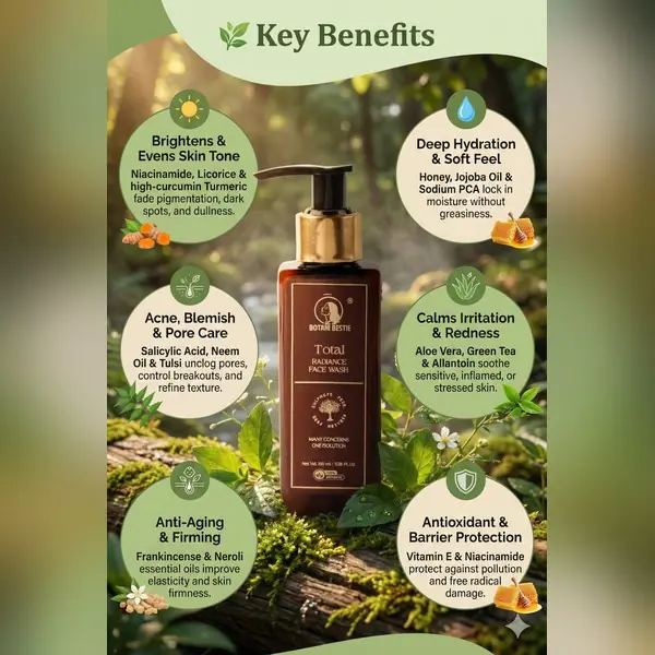 Botani Bestie Total Radiance Face Wash — alternate view showing the sulfate-free, pH-balanced formulation with Aloe Vera, Vitamin E, Panthenol and Sandalwood for complete post-inflammatory hyperpigmentation care.