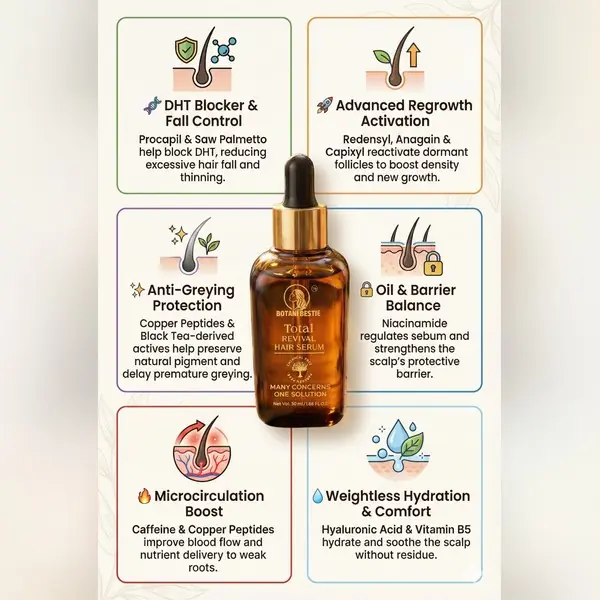 Botani Bestie Total Revival Hair Serum — reverse view showing the full ingredient list including GHK-Cu Copper Peptides, Redensyl, Anagain, Procapil, Capixyl, Baicapil, Saw Palmetto, Caffeine, Black Tea, and Licorice.